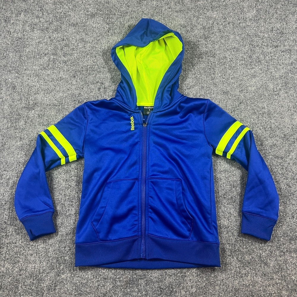 Reebok Hoodie Boys 5 Blue Green Mesh Fleece Lined Kangaroo Pockets Full Zip